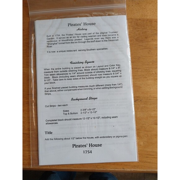 In Stitches Historic Savannah Quilt Squares Pirates’ House QP#117 Block Pattern - Picture 2 of 2